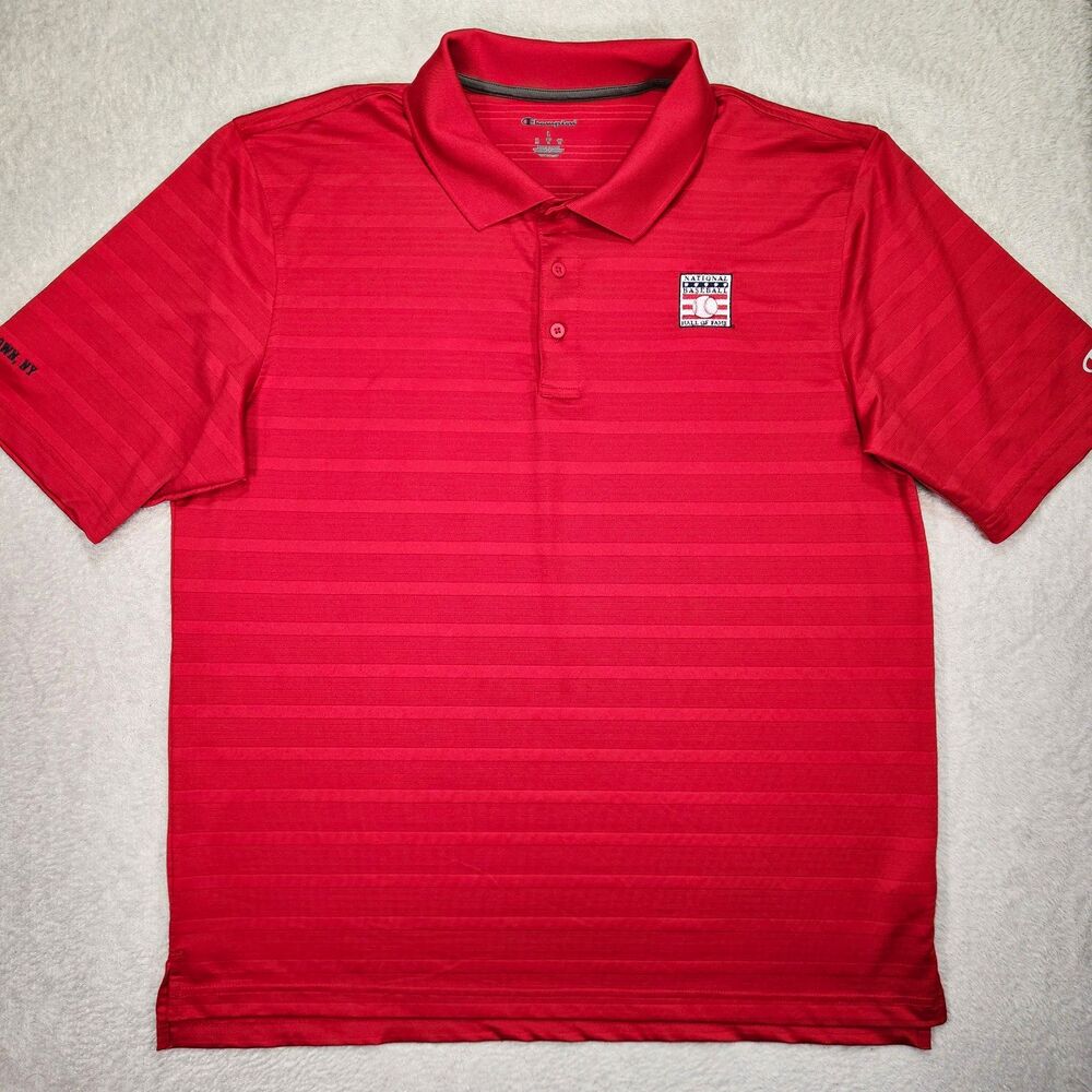 Champion Men's Large Baseball Hall of Fame Polo Shirt Red Textured Cooperstown